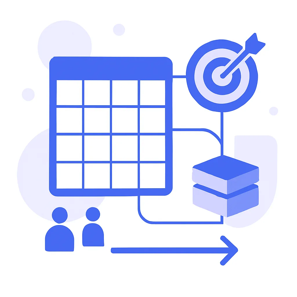 A year-long planning calendar connected to targets, hiring and budget icons