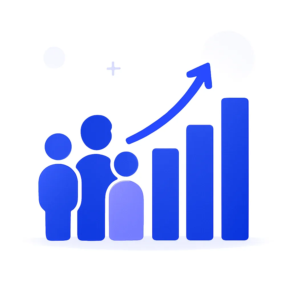 A growing revenue bar beside a small group of people figures