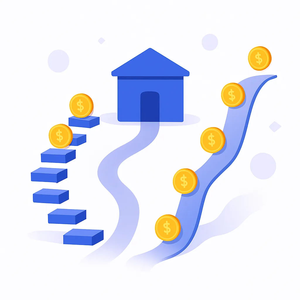 Two funding paths, a fixed loan schedule and a flexible revenue share, leading to the same startup